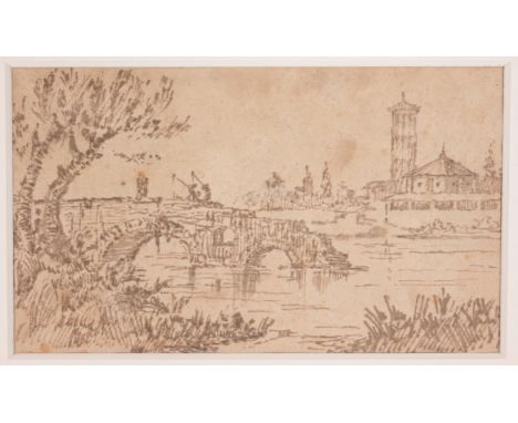 Follower of Francesco Guardi (Italian 1712-1793) Old Master Drawing, Capriccio, Ink on Laid Paper. Size: 3 x 5.25 in.