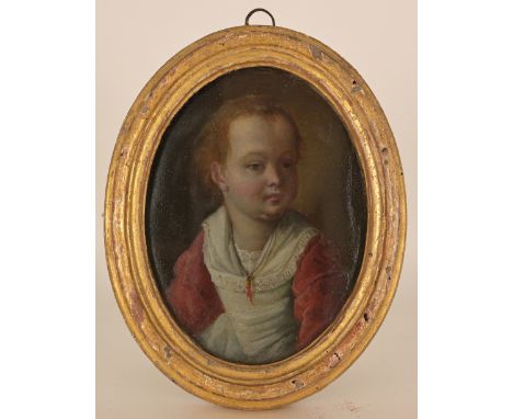 Neapolitan 18th Century Portrait of a Young Girl Wearing Coral Necklace, Oil on Copper. Sight Size: 4.25 x 3.25 in. Overall F