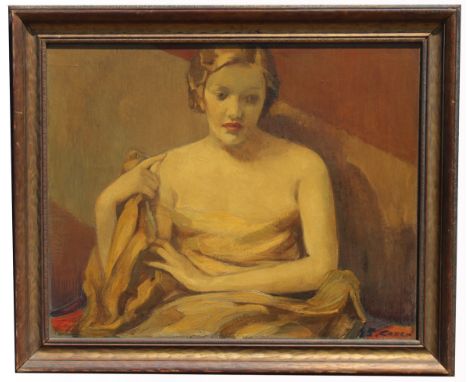 Art Deco Portrait of a Seated Woman, Indistinctly Signed lower right. Oil on Board. Sight Size: 24 x 30 in. Overall Framed Si