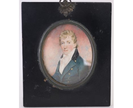 British School, 18th - 19th Century.  Miniature portrait of a well-dressed  gentleman Gouache on board. Sight Size: 3 x 2.5 i