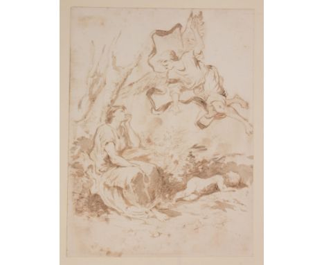 Italian School, 18th Century Old Master Drawing, The Angel of the Lord Appearing to Hagar in the Wilderness, Ink and Brown Wa