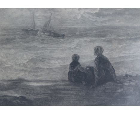 Josef Israels (Dutch, 1824-1911) Lithograph of couple on beach watching rough seas. Pencil signed lower left. Image Size: 13.