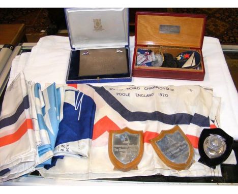 A medley of sailing paraphernalia, including 'Soling World Championship, Poole, England - 1970' silk scarf   