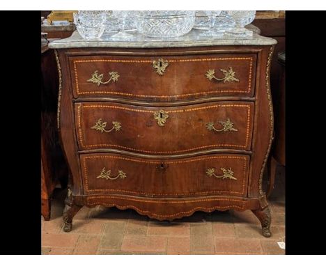An antique Bombe marble top commode - having three drawers and gilt handles - 88cm wide 