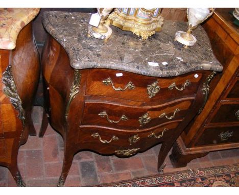 A 19th century small proportioned three drawer commode with shaped marble top and gilt metal mounts - width 80cms, height 86c