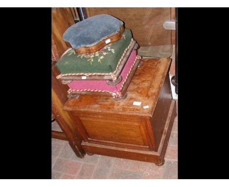 An oak cased commode together with prayer stools