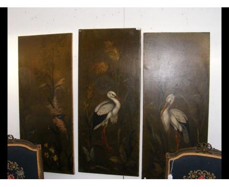 A three panel oil on canvas montage depicting storks and kingfisher in marsh setting - 123cms x 53cmsCONDITION REPORTConditio