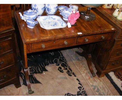 An early 19th century inlaid mahogany sofa table with stretcher base - width 88cm - when closed 