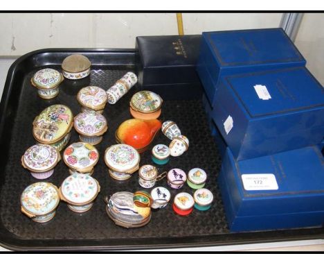 A selection of Halcyon Days enamel pill boxes - some with boxes CONDITION REPORTIn our judgement, overall condition of lot is