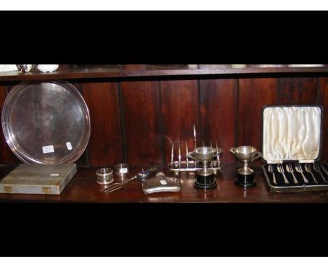 Assorted silver and plated ware including hip flask, pastry forks etc.