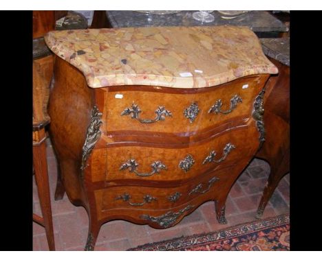 A Victorian walnut three drawer commode with marble top and decorative metal mounts - width 88cms, height 88cms high