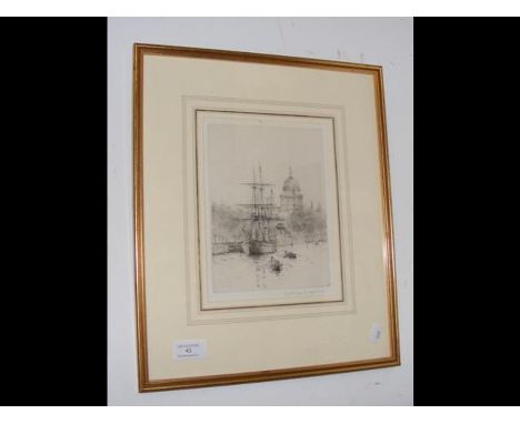 ROWLAND LANGMAID - an etching of ship on The Thames with St Paul's in the background CONDITION REPORTGood conditionCondition 