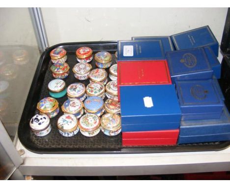 A selection of Halcyon Days enamel pill boxes - some with boxes CONDITION REPORTIn our judgement, overall condition of lot is