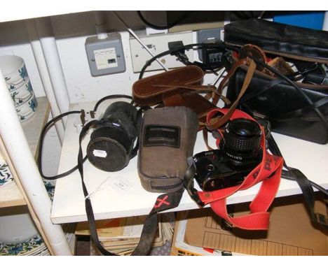 Assorted photographic equipment including a Pentax P50 camera