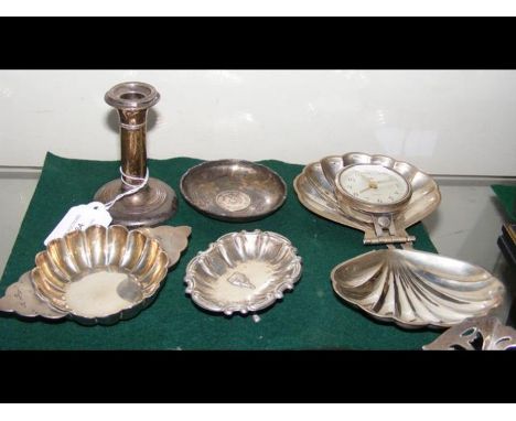 A silver miniature candlestick, pin dish, etc. 