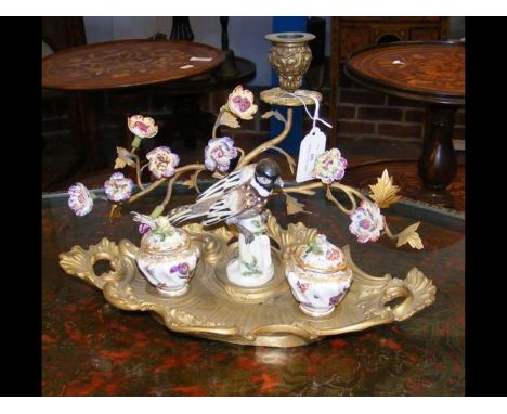 A Victorian ormolu repousse inkstand/candle holder with ceramic pots and flowers  CONDITION REPORTWe have attached a number o
