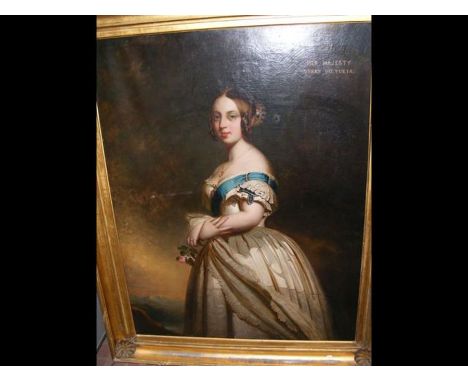 AFTER FRANZ WINTERHALTER - A mid 19th century three quarter length oil on canvas portrait of Her Majesty Queen Victoria - in 