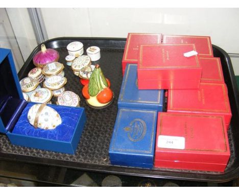 A selection of Halcyon Days enamel pill boxes - some with boxes CONDITION REPORTIn our judgement, overall condition of lot is