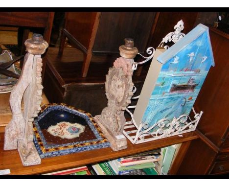 A maritime style wall cupboard, metal spice rack etc.
