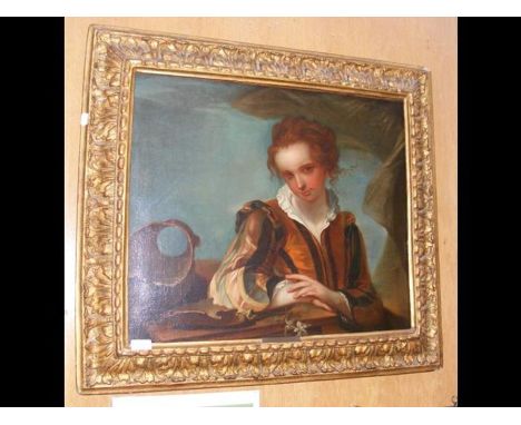 An antique oil on canvas portrait - bearing plaque 'Jean (Dit Alexis) Grimoux' - the back with label for Royer, Paris - 52cm 