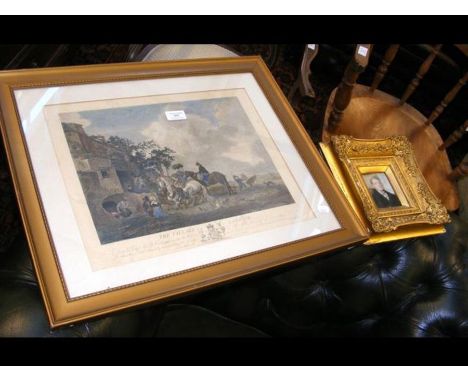 A framed and glazed antique engraving entitled 'The Village Farrier', together with a miniature portrait in gilt frame 