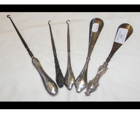 Silver handled button hooks, shoe horn