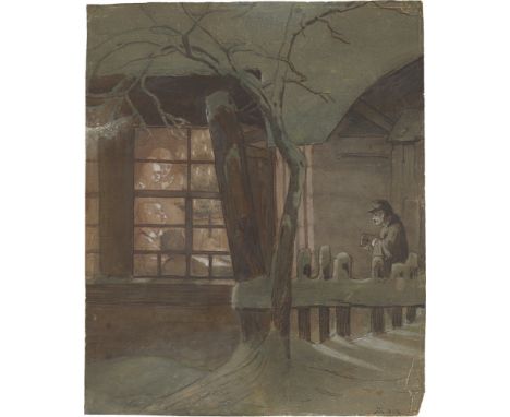 Hans Thoma (Bernau 1839 – 1924 Karlsruhe). Weihnachtsabend. 1864Aquarell und Feder in Braun, weiß gehöht, auf grünlichem Papi