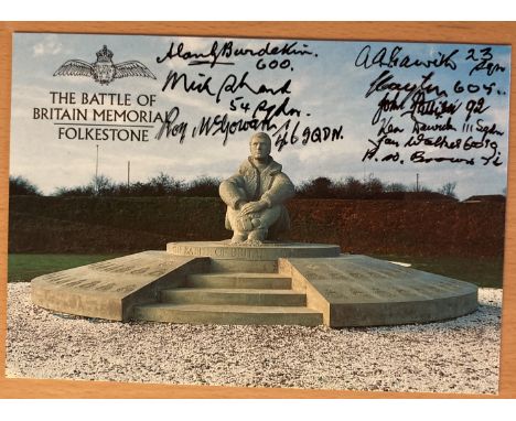 Nine WW2 Battle of Britain pilots signed BOB Memorial postcard. Includes A Burdekin 600 sqn, M Shand 54 sqn, R McGowan 46 sqn