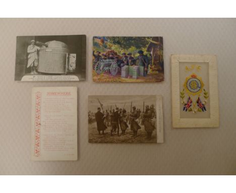 WW1 An original WW1 silk embroidery approx 9cm x 14cm and four various WW1 postcards. The postcards show some light signs of 