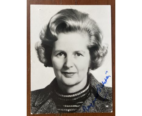 Margaret Thatcher former Prime Minister signed small young 4 x 3 inch portrait photo, couple of pin holes at top border and b