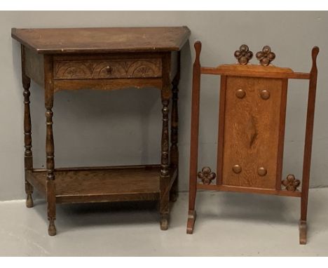VINTAGE OAK ARTS &amp; CRAFTS STYLE FIRESCREEN, 76cms H, 46cms W and a two tier reproduction oak single drawer hall table wit