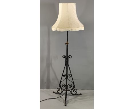 VINTAGE WROUGHT IRON &amp; BRASS ADJUSTABLE STANDARD LAMP with shade, 187cms H fully extended without the shade