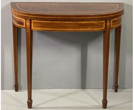 QUALITY REPRODUCTION INLAID MAHOGANY FOLDOVER CARD TABLE, the crossbanded and string inlaid top opening to reveal a baize lin