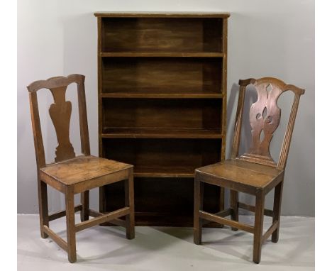 ANTIQUE OAK FARMHOUSE CHAIRS (2), 97cms H, 47cms W, 34cms D the seats approximately and a vintage oak bookcase, 133cms H, 81c