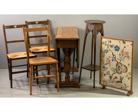 VINTAGE FURNITURE PARCEL (6) - to include a bulbous gate leg table, 73.5cms H, 90.5cms L, 34cms W (closed), needlework oak fr