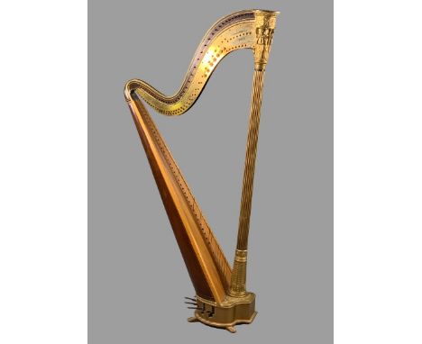 J C SCHWIESO &amp; CO seven pedal patent gilt wood harp, Grecian style in satinwood and rosewood, the reeded column with ange