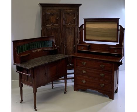 VINTAGE HARLEQUIN BEDROOM SUITE, three items to include a Jacobean style wardrobe, two door with panelled detail, on bulbous 