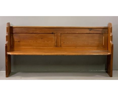 VINTAGE PITCH PINE CHURCH PEW with shaped supports, one numbered '26' with open base and panelled back, 96cms H, 190cms W, 39