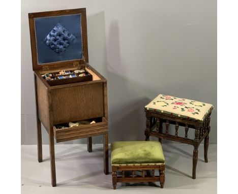 VINTAGE OAK OCCASIONAL FURNITURE (3) - to include a lidded sewing box with single lower drawer, 63cms H, 36 x 36cms the top a