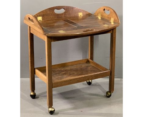VINTAGE WALNUT LIFT-OFF BUTLER'S TRAY TOP TEA TROLLEY, 68cms H, 72cms W, 48cms D, carry handles fully up