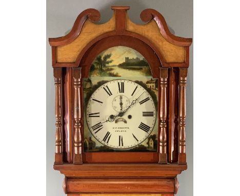 19th CENTURY OAK &amp; MAHOGANY LONGCASE CLOCK by O H Roberts, Amlwch, the painted arched top dial showing Arundel Castle, co