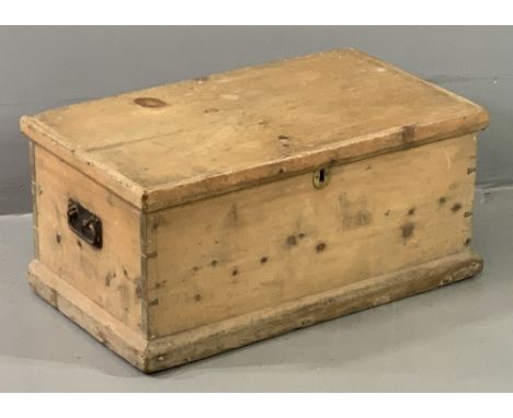 VINTAGE STRIPPED PINE LIDDED BOX with iron carry handles, 31cms H, 70cms W, 40cms D