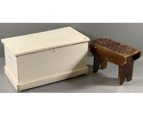 VINTAGE PAINTED LINEN CHEST, 38cms H, 76cms W, 42cms D and a wooden stool