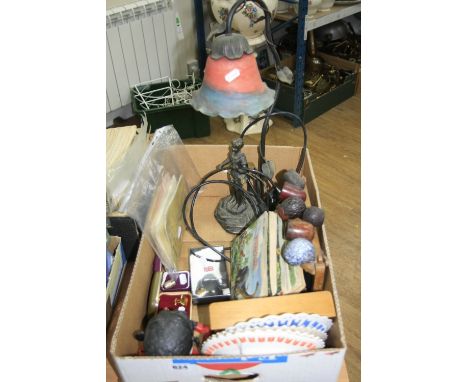 A TRAY OF SUNDRIES, to include cufflinks, figural lamp, pipes, 'Home Guard Training' leaflet, 'Jolly' money box etc