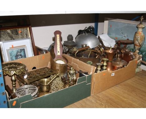 FIVE BOXES AND LOOSE METALWARES, LINEN, PICTURES, barometer etc, to include brass oil lamps, copper kettles, brass trivets, s