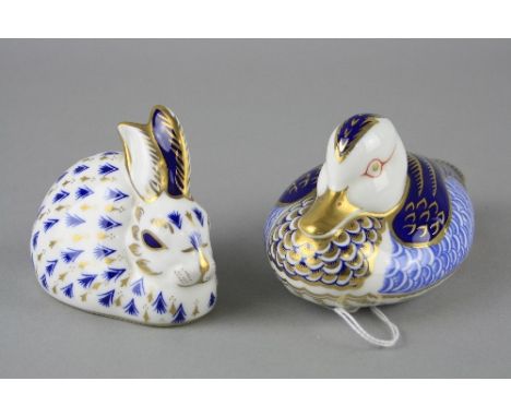 TWO ROYAL CROWN DERBY PAPERWEIGHTS, Duck and Rabbit, both with light gold stoppers (2)