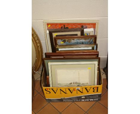 PICTURES AND PRINTS, a box of tapestry pictures, prints and a watercolour of an estuary scene signed Elsie Woods (one box)