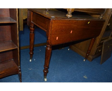 A VICTORIAN MAHOGANY PEMBROKE TABLE, with a single drawer on ceramic coasters