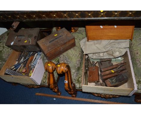 TWO CRATES CONTAINING VINTAGE HAND TOOLS, including wooden smoothing planes and an ammunition crate, etc