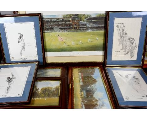 EIGHT CRICKET INTEREST PRINTS, some signed by cricket players, the first 'Ashes 89', a print by Sherree Valentine-Daines 828/